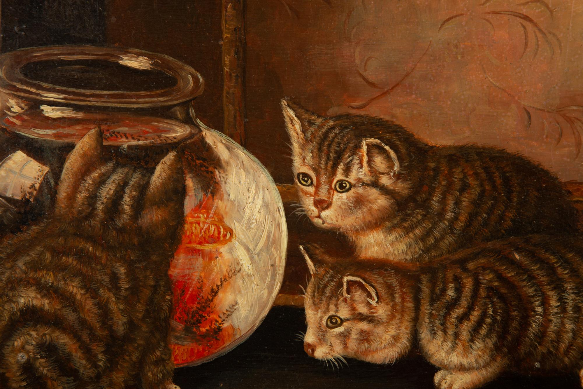 Three Cats Watching a Goldfish Bowl