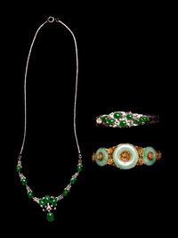 Three Chinese Jadeite Inset Silvered and Gilt Metal Jewelry