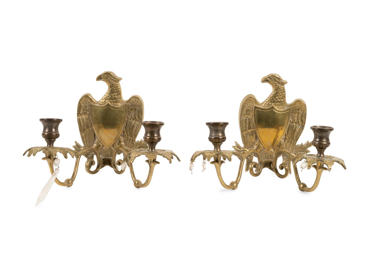A Pair of Federal Cast Brass Two Light Eagle-and-Shield Sconces