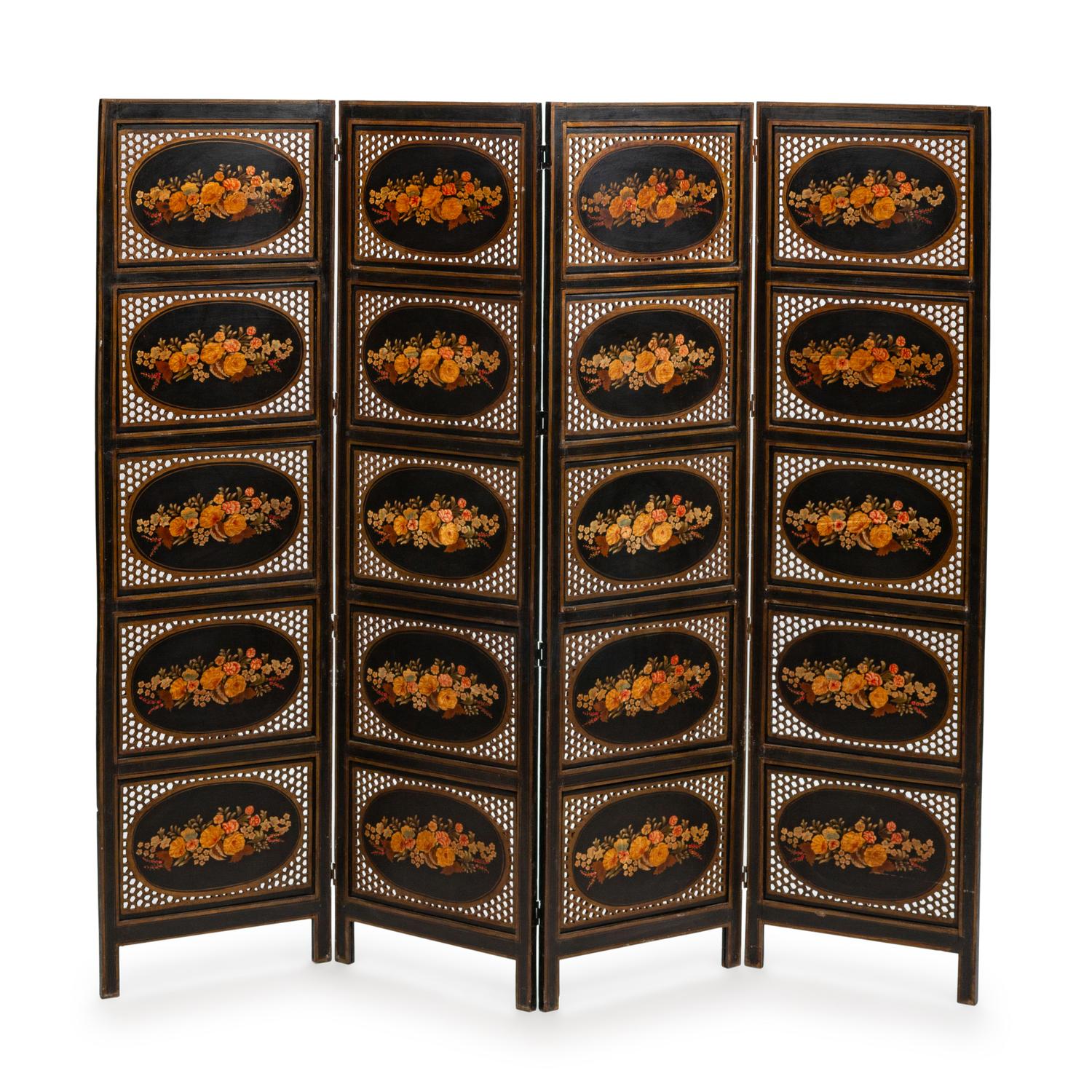 A Victorian Painted and Reticulated Four-Panel Screen