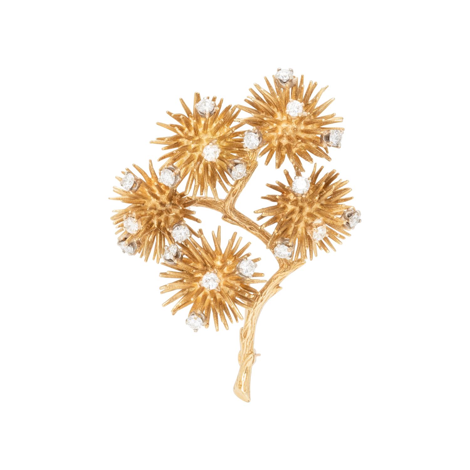 YELLOW GOLD AND DIAMOND ARTICULATED BROOCH