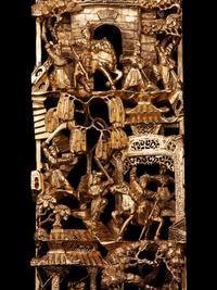 Two Chinese Gilt and Red Lacquered Wood Panels