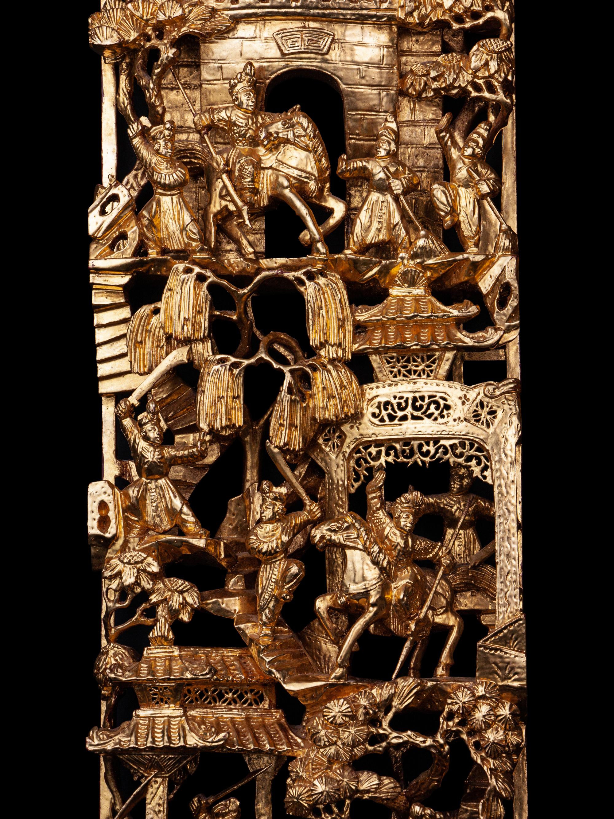 Two Chinese Gilt and Red Lacquered Wood Panels