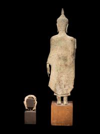 A Thai Bronze Figure of Standing Buddha and a Head of Buddha