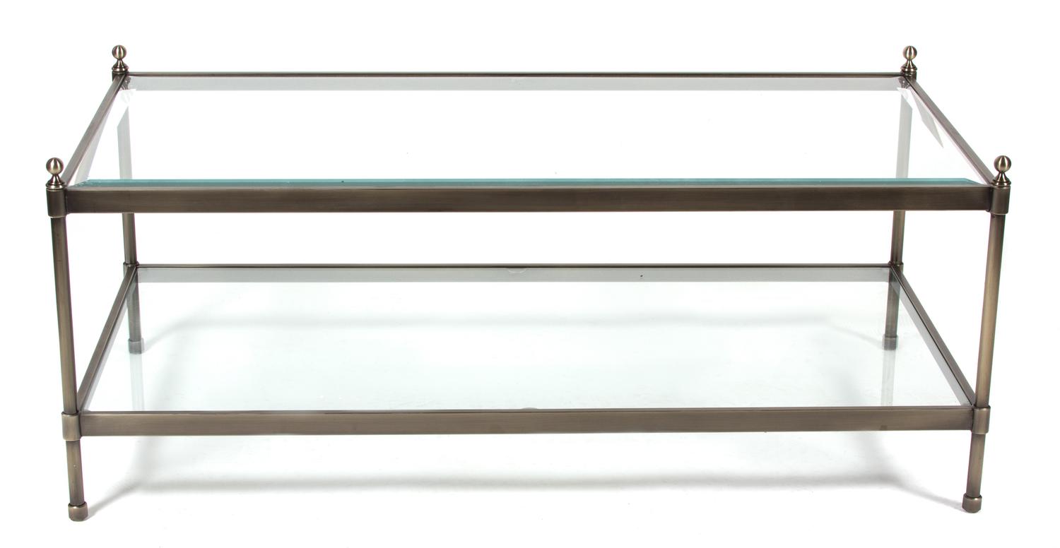 A Contemporary Brushed Steel and Beveled Glass Coffee Table Height 19 1/2 x width 48 x depth 24 inches. — 20TH CENTURY