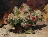 Artist Unknown Still Life oil on canvas signed illegibly (lower left) 19 3/4 x 22 3/4 inches.