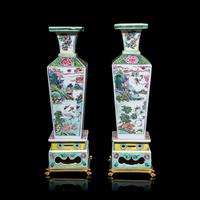 A Pair of Chinese Famille Rose Porcelain 'Cranes and Deer' Square-Section Vases, Qing Dynasty 清 粉彩鹿鶴同春方瓶一對
