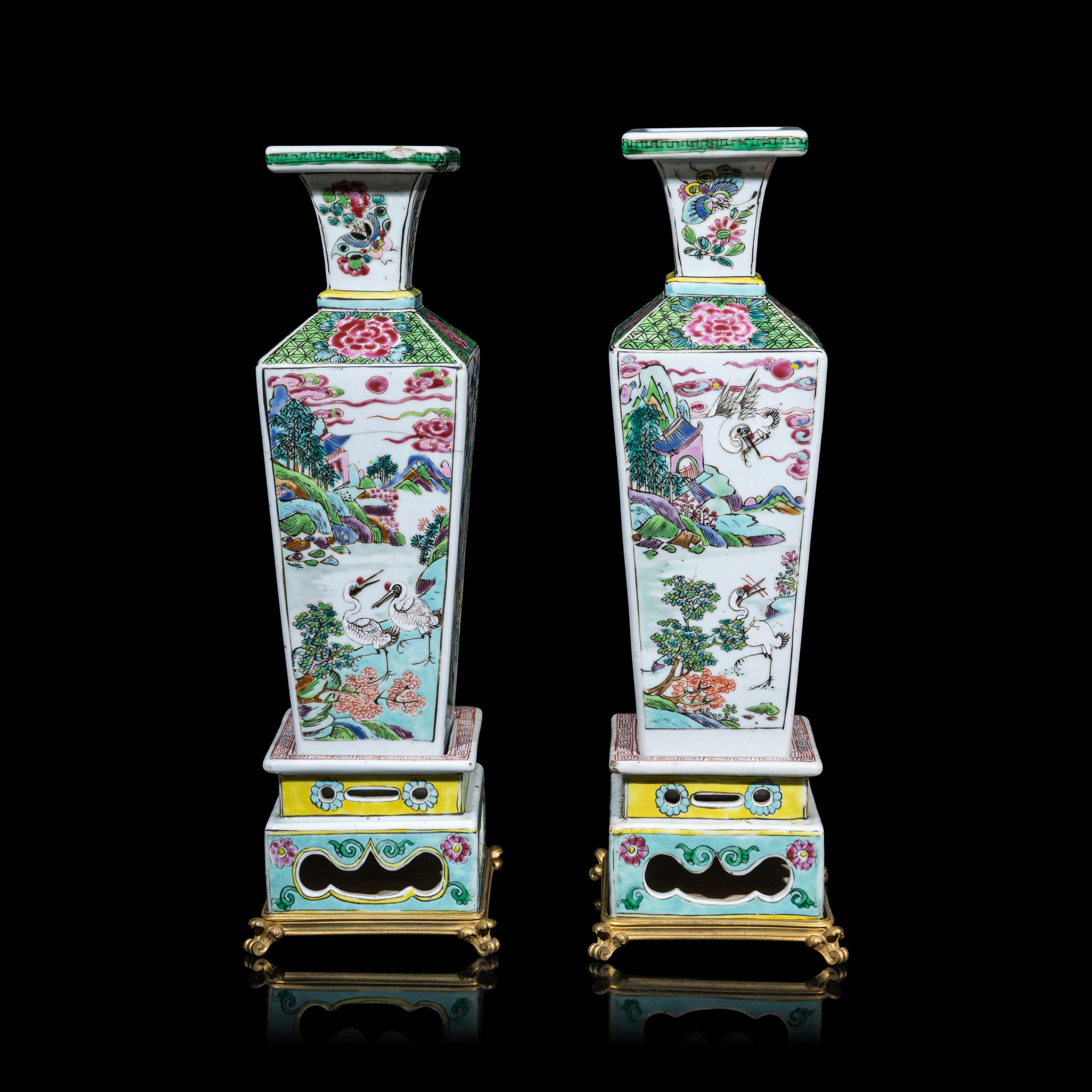 A Pair of Chinese Famille Rose Porcelain 'Cranes and Deer' Square-Section Vases, Qing Dynasty 清 粉彩鹿鶴同春方瓶一對