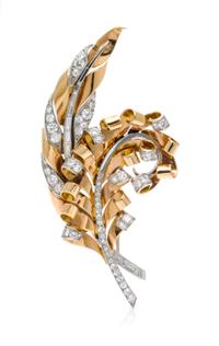 A Retro 18 Karat Rose Gold, Platinum and Diamond Feather Motif Brooch, Gubelin, 12.50 dwts.