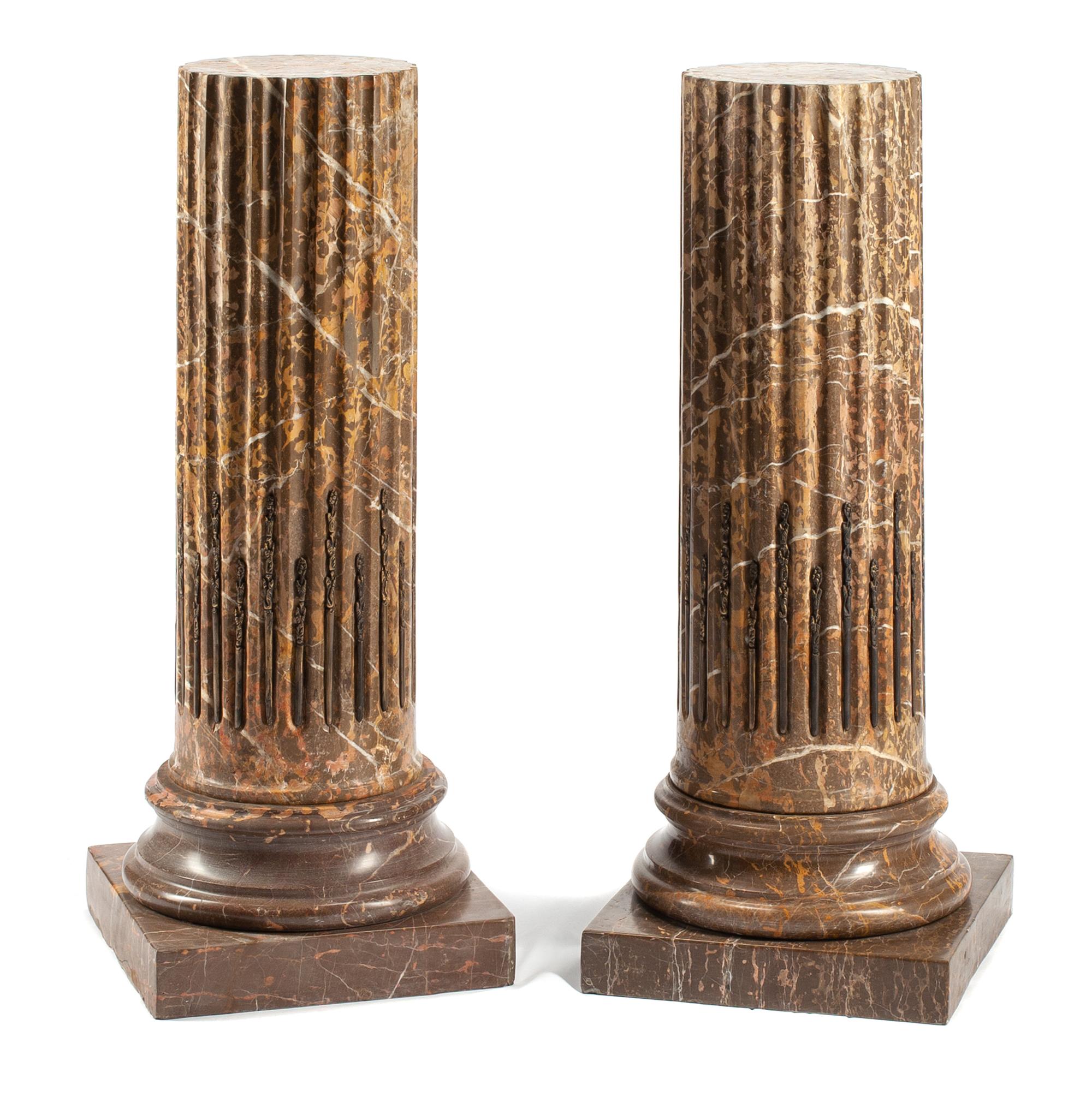 A Pair of Louis XVI Style Bronze Mounted Marble Pedestals Height 36 inches.
