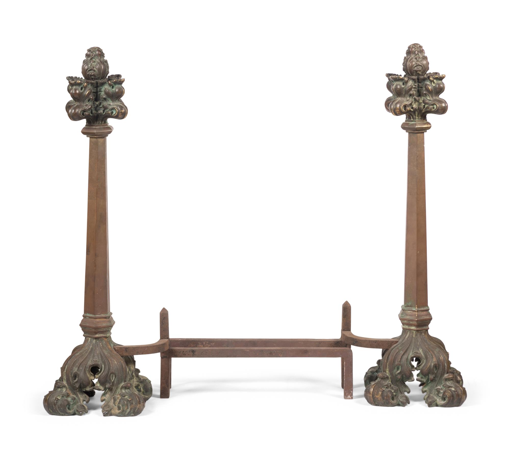 A Pair of Gothic Style Bronze Andirons
