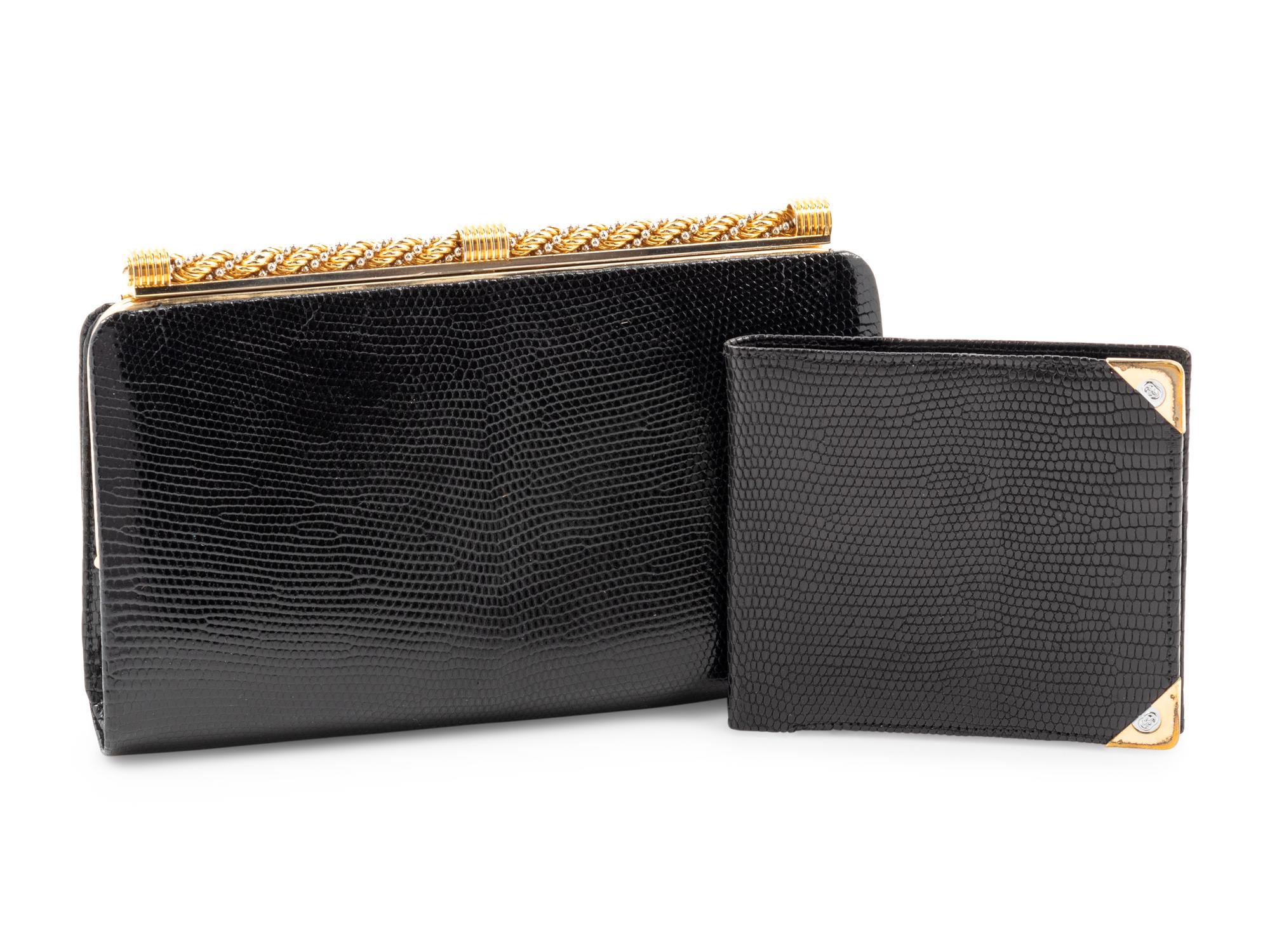 Two Gucci Black Lizard Items; One Women's Bag, One Men's Wallet, 1970-90s