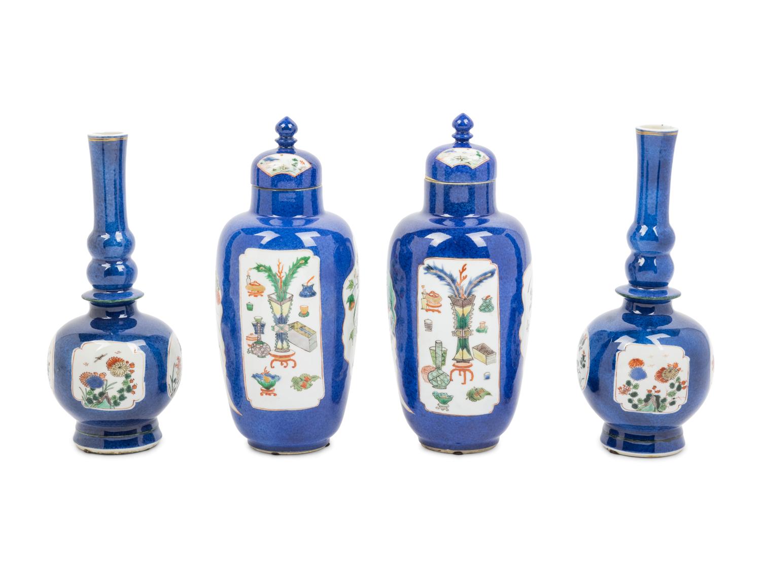 A Chinese Export Powder Blue Ground Famille Verte Porcelain Four-Piece Garniture
