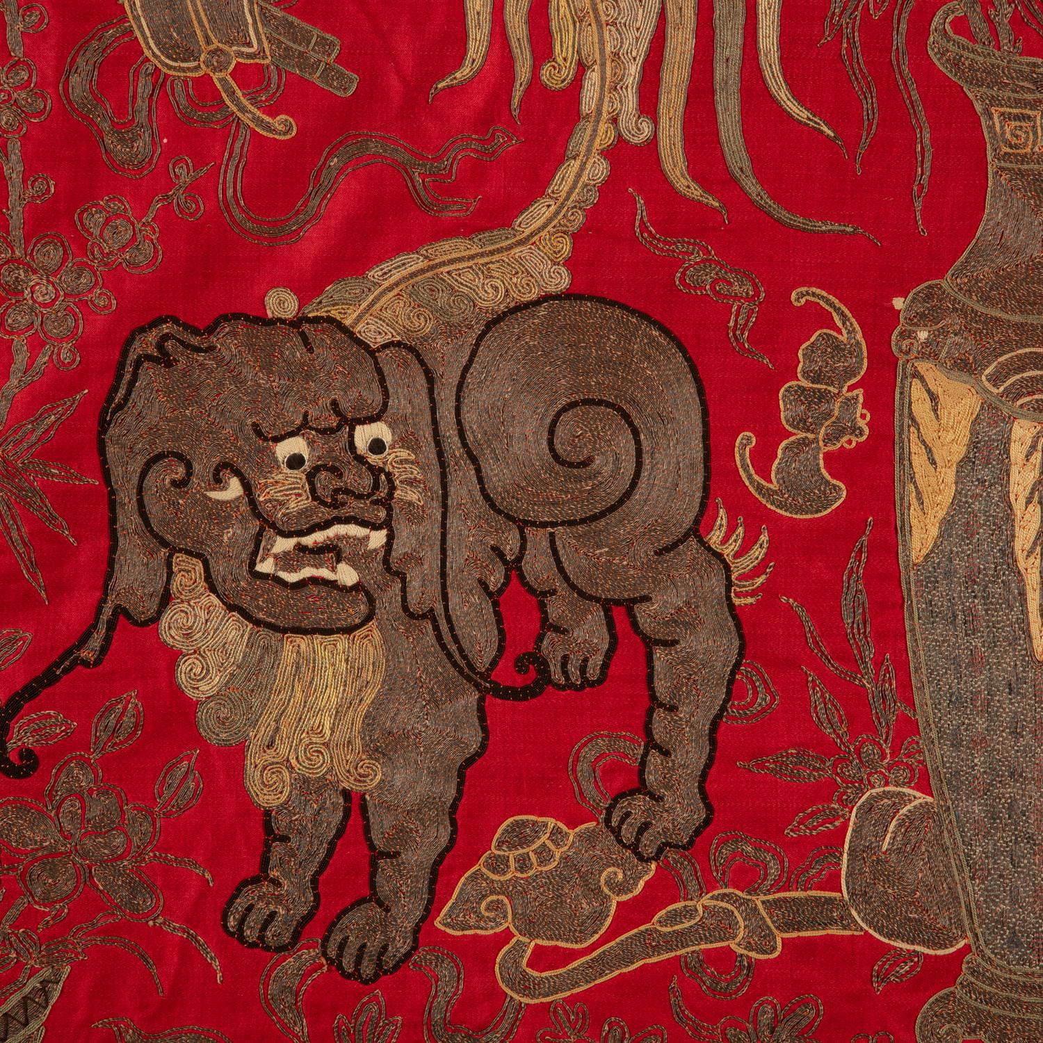 A Chinese Red Ground Embroidered Silk 'Immortals' Panel, Late 19th-Early 20th Century — 清晚期 紅地綉八仙圖