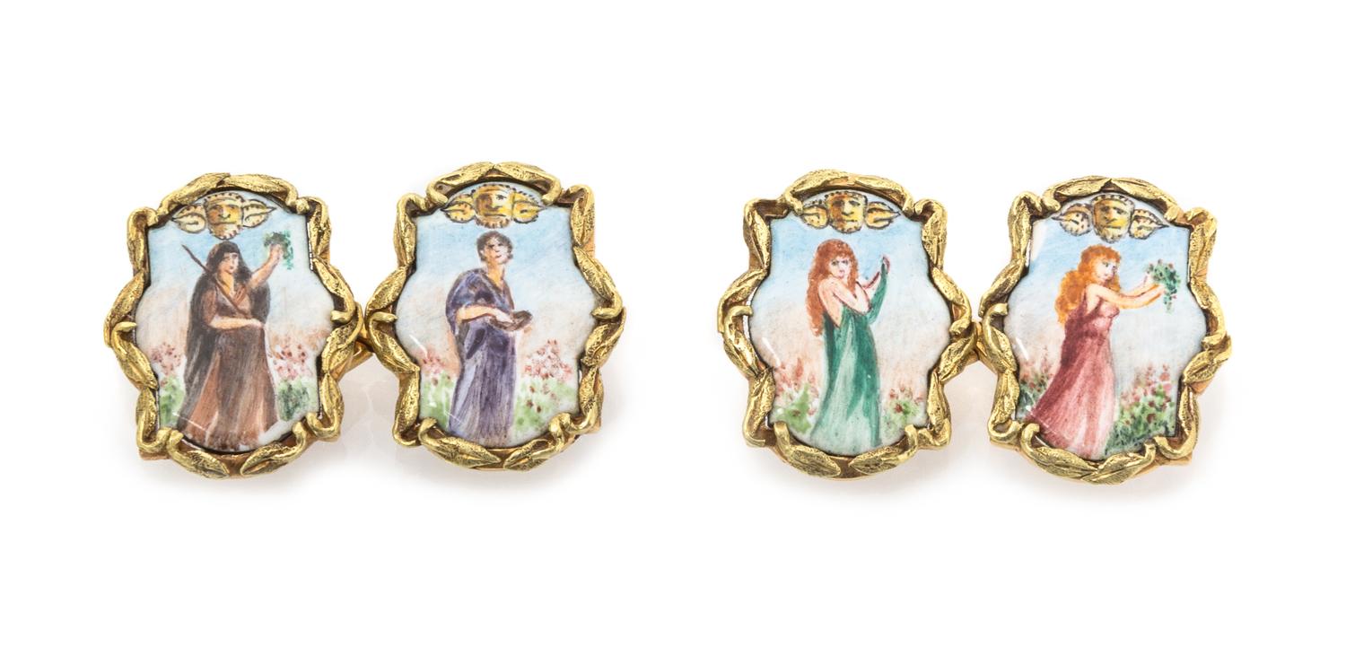A Pair of Art Nouveau 18 Karat Yellow Gold and Portrait Miniature Cufflinks, Tiffany & Co., 11.00 dwts.