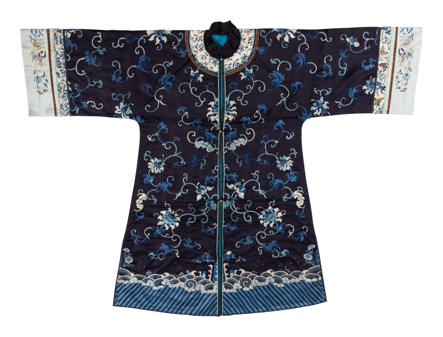 Two Black Ground Embroidered Silk Lady's Robes