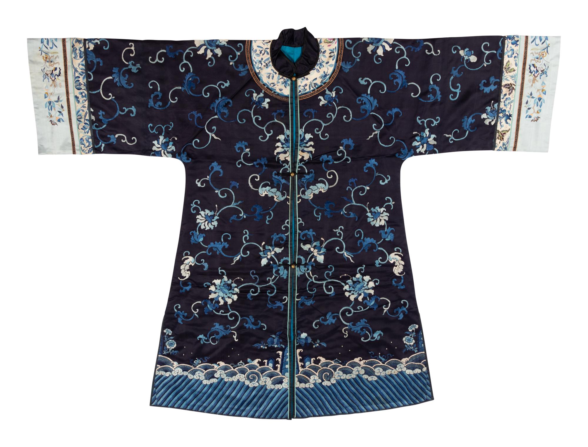 Two Black Ground Embroidered Silk Lady's Robes