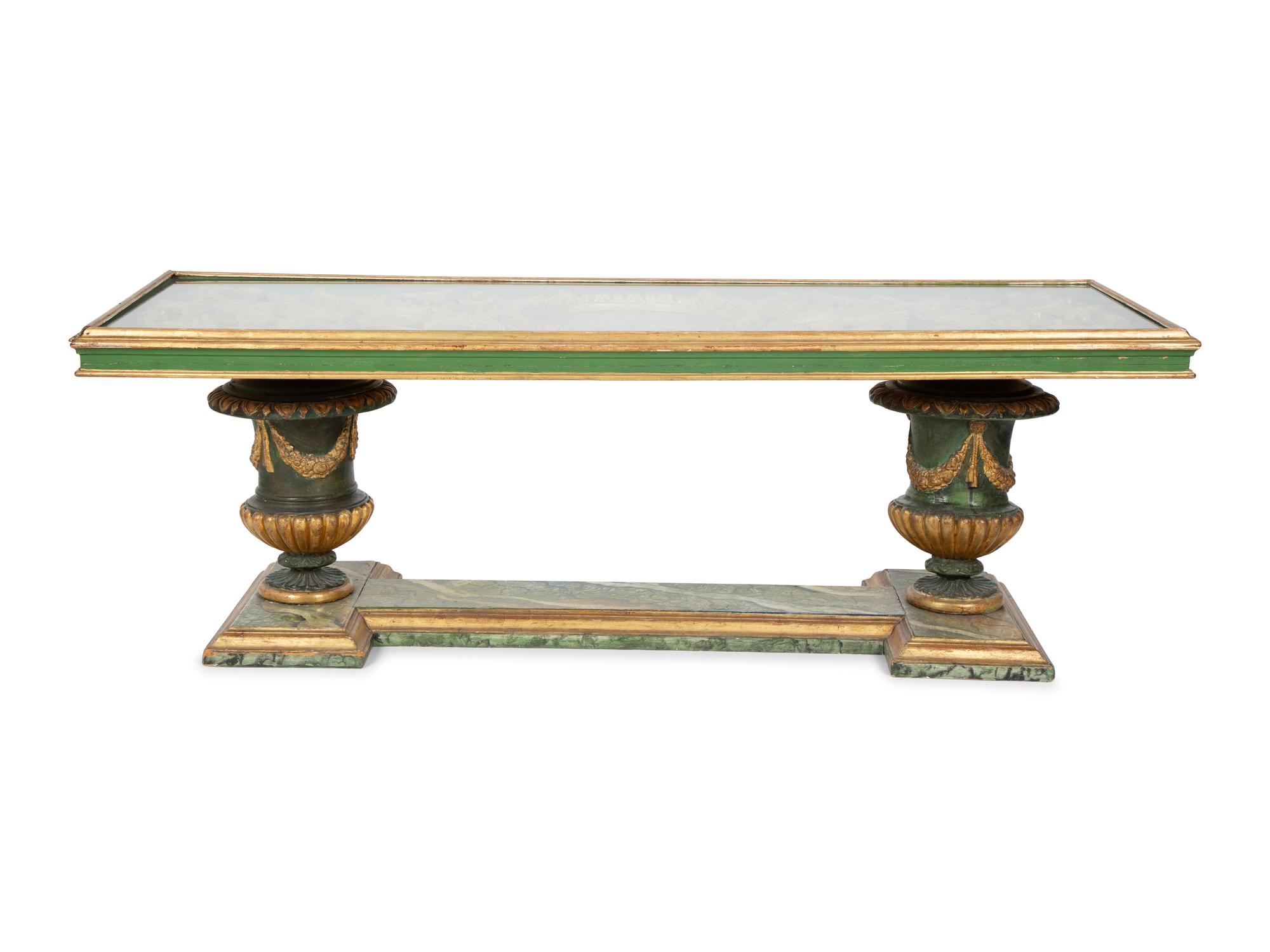 An Italian Faux Marble and Giltwood Two-Pedestal Coffee Table — 20TH CENTURY