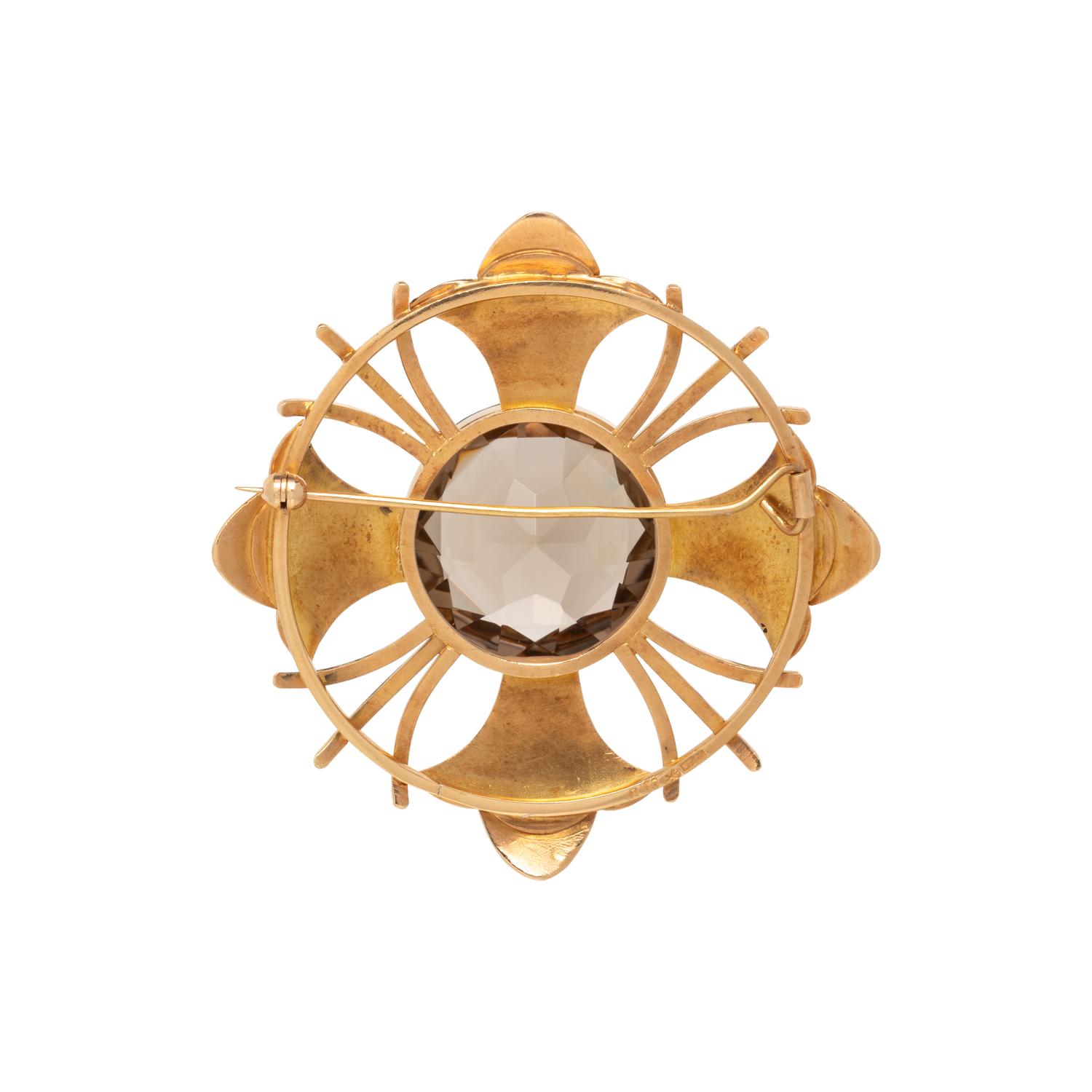 YELLOW GOLD AND SMOKEY QUARTZ BROOCH