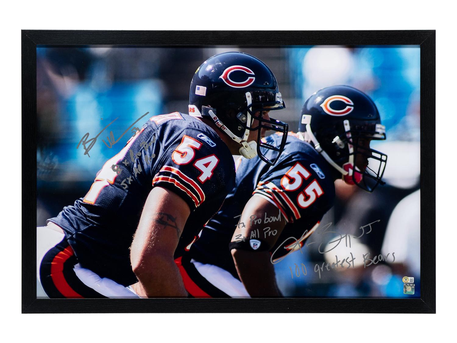 A Framed Chicago Bears Brian Urlacher and Lance Briggs Signed Autograph Oversized Photo With Multiple Inscriptions (Beckett Authentication Services Certified),