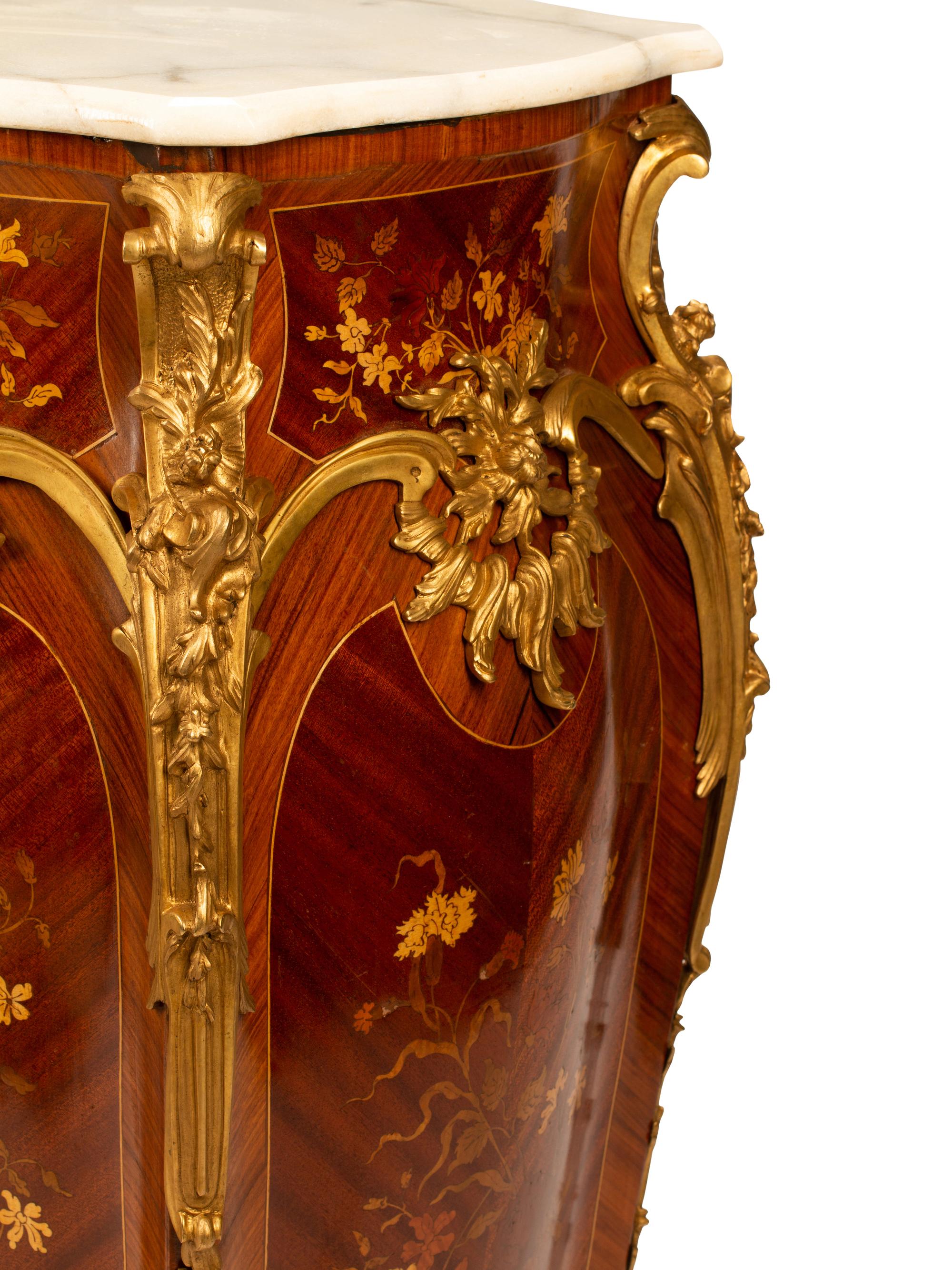 A Pair of Louis XV Style Gilt Bronze Mounted Marquetry Marble-Top Pedestals, 20th Century