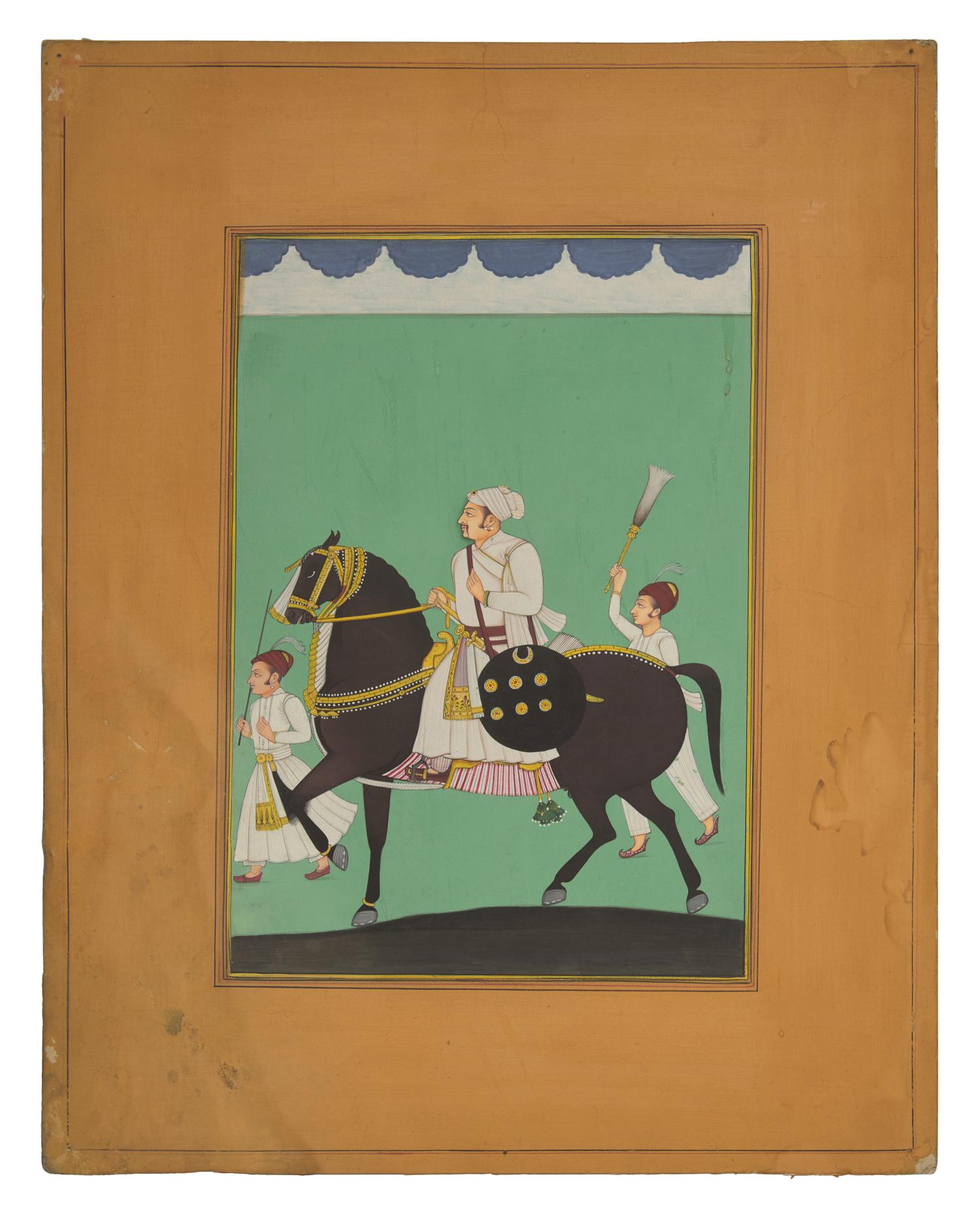 A Painting of an Equestrian Prince in White with Two Attendants, Jodhpur School, 20th Century