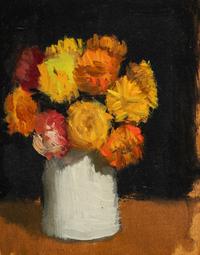 Cornflowers in a Gray Jar on Brown Surface Against a Black Background