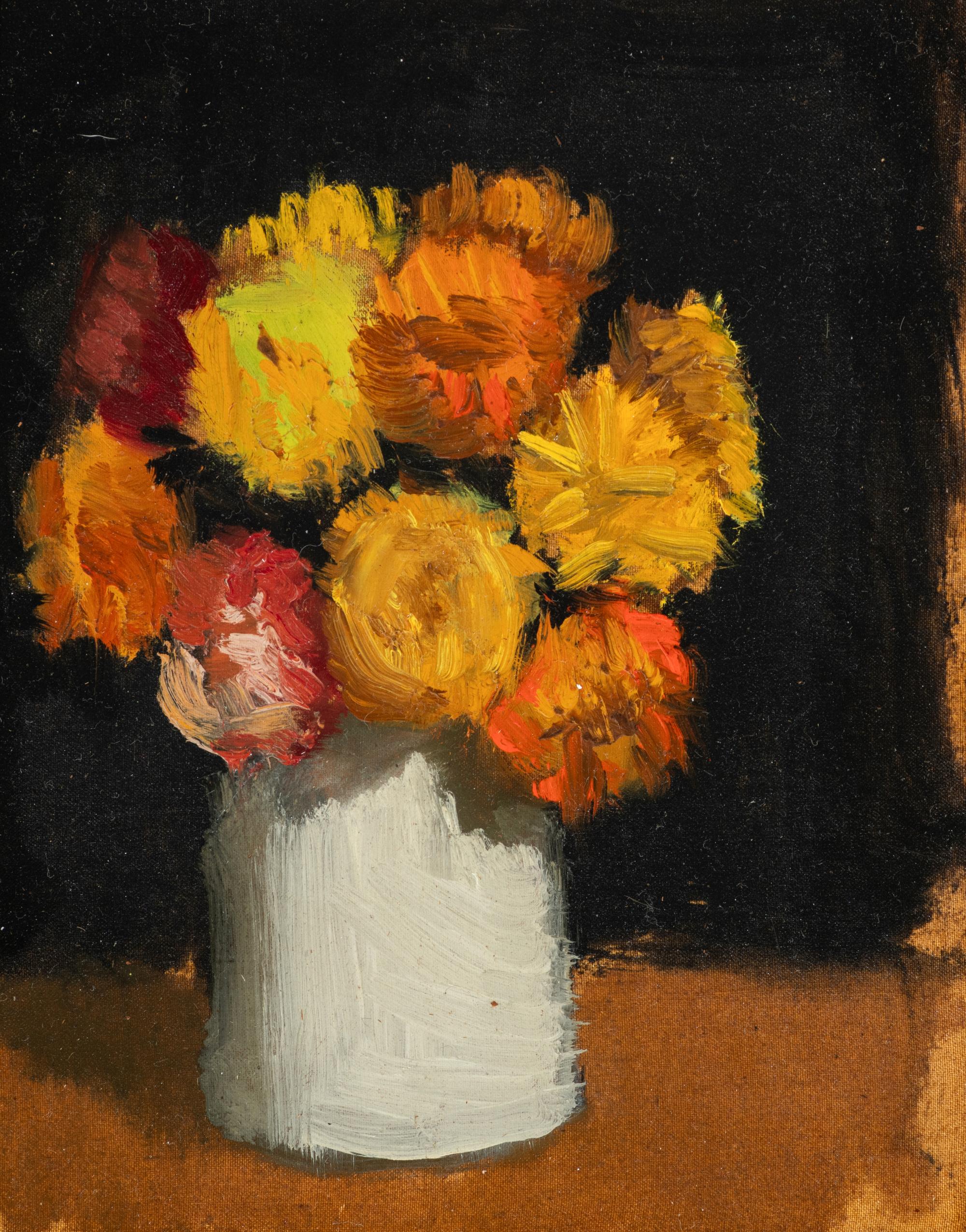 Cornflowers in a Gray Jar on Brown Surface Against a Black Background
