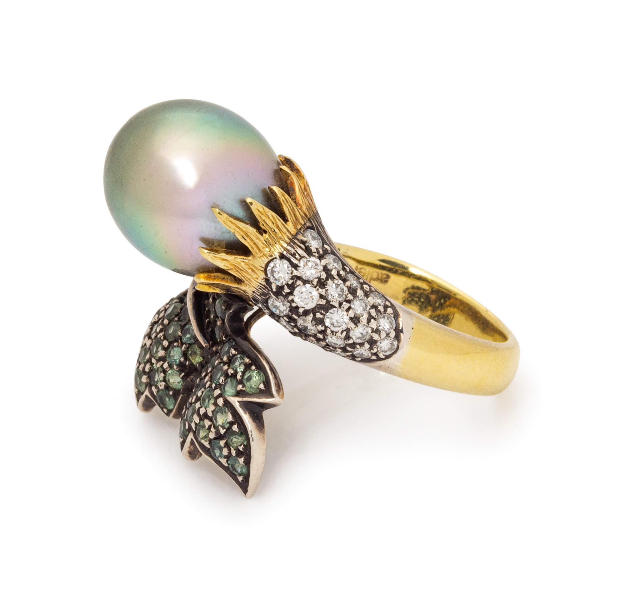 An 18 Karat Yellow Gold, Silver, Cultured Pearl, Diamond and Green Sapphire Ring, Adler,
