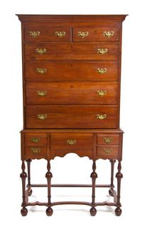 A William and Mary Style Walnut Chest on Stand, 19TH CENTURY, Height 78 3/4 x width 37 x depth 23 inches. — 19TH CENTURY,