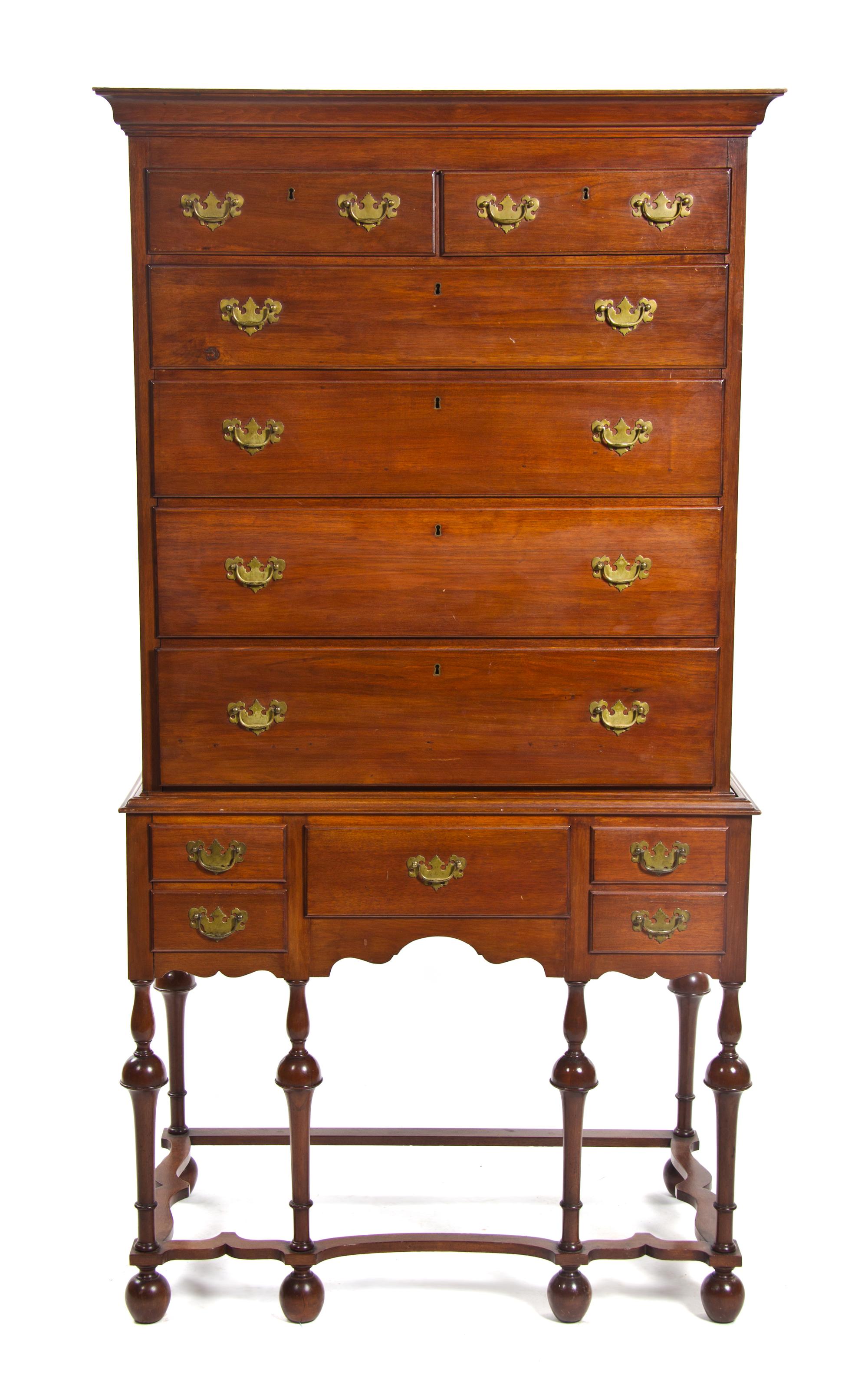 A William and Mary Style Walnut Chest on Stand, 19TH CENTURY, Height 78 3/4 x width 37 x depth 23 inches. — 19TH CENTURY,