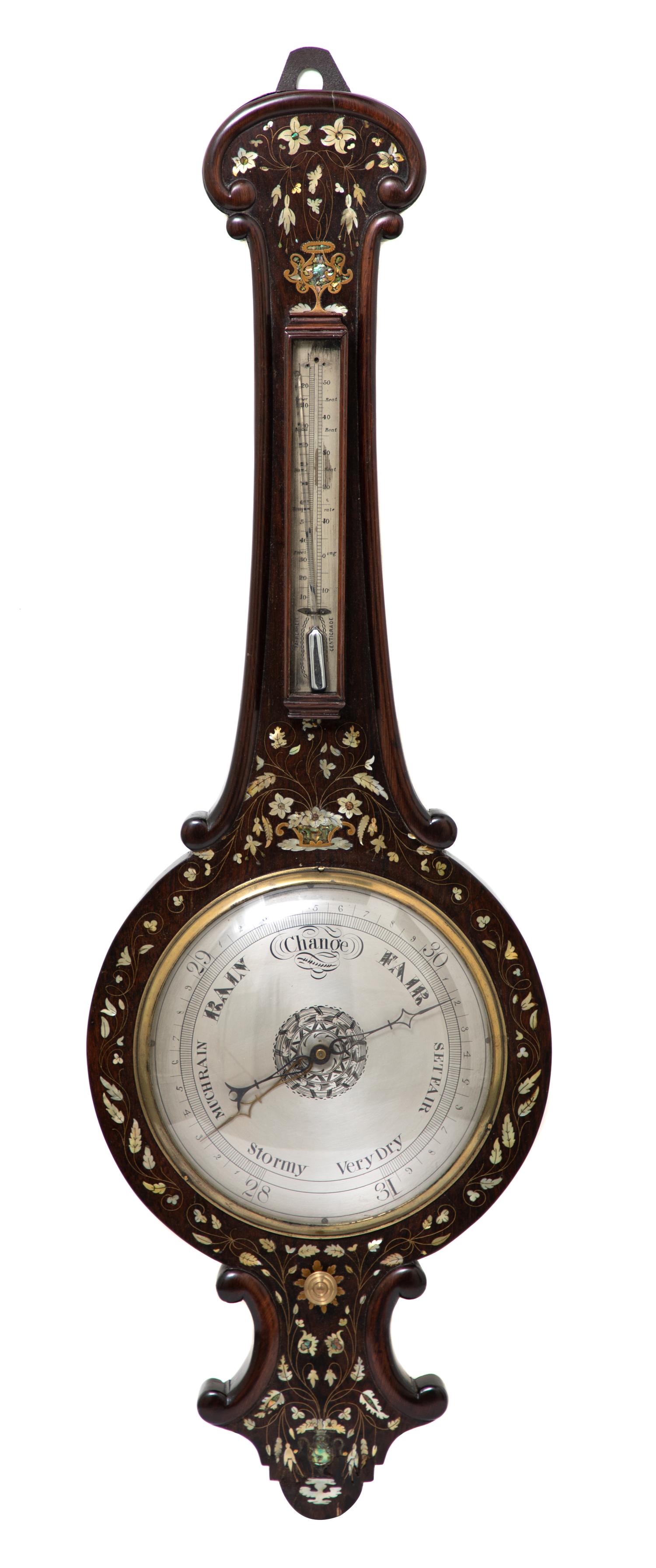 A Victorian Mother-of-Pearl Inlaid Rosewood Banjo Barometer