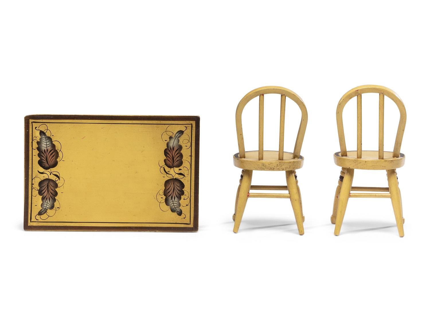 A Miniature Classical Yellow Painted and Stencil-Decorated Dining Table and Pair of Chairs