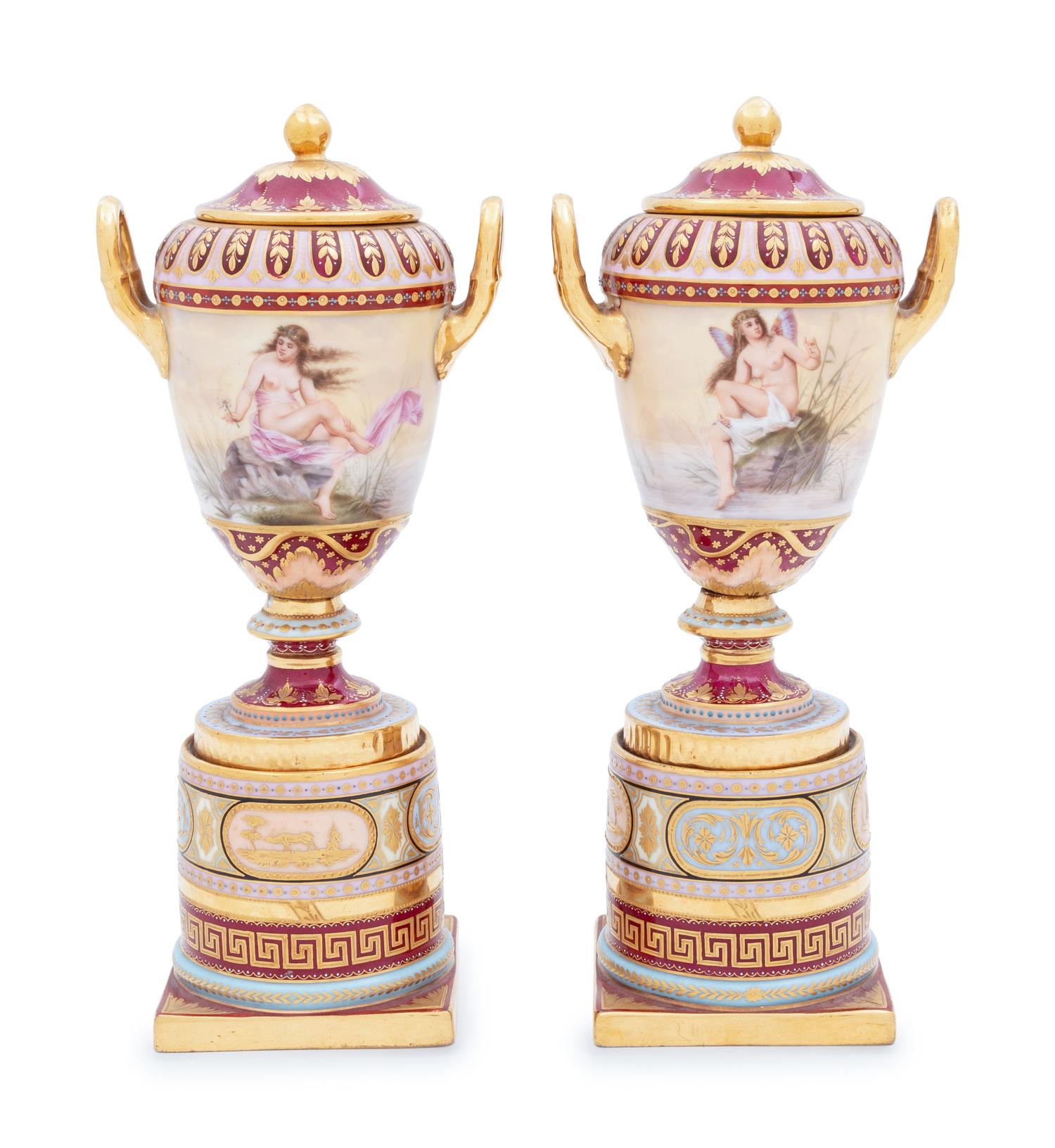A Pair of Vienna Porcelain Covered Urns