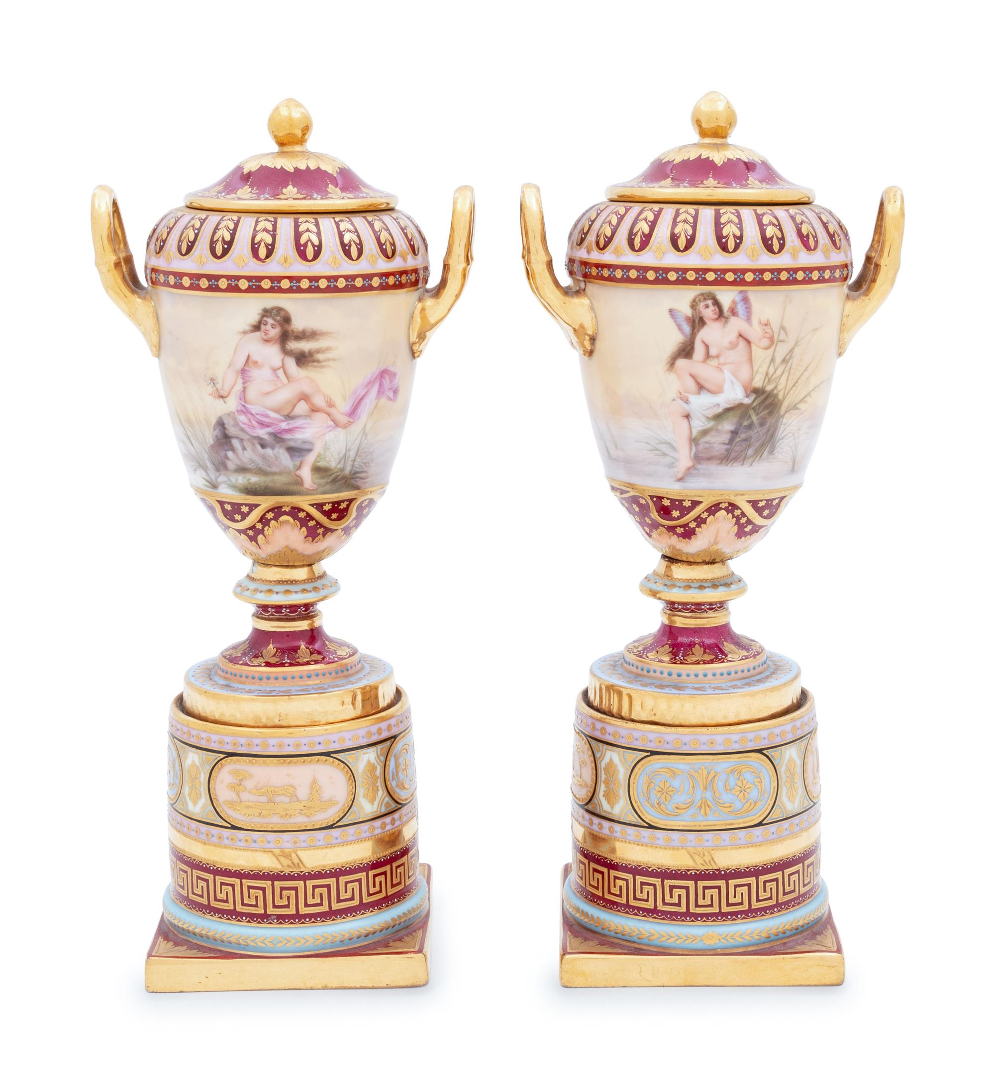 A Pair of Vienna Porcelain Covered Urns