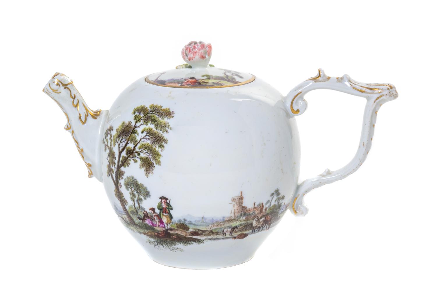 A Meissen Porcelain Topographical Teapot, Height 4 1/4 inches.