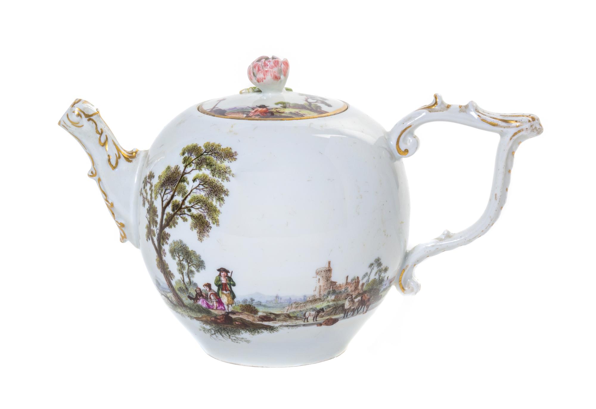 A Meissen Porcelain Topographical Teapot, Height 4 1/4 inches.