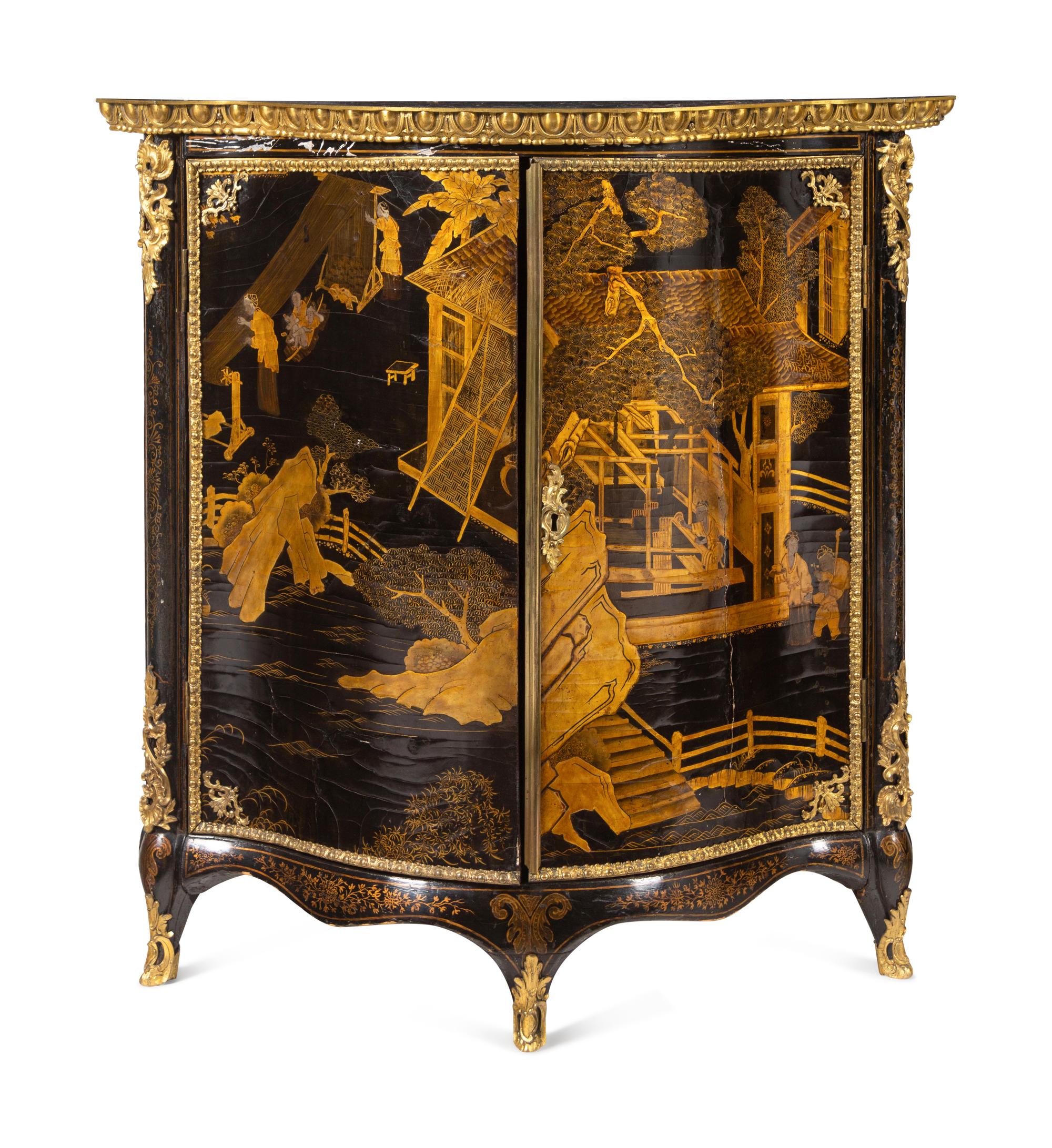 A Pair of George III Gilt Ormolu-Mounted Chinese Lacquer Corner Cabinets