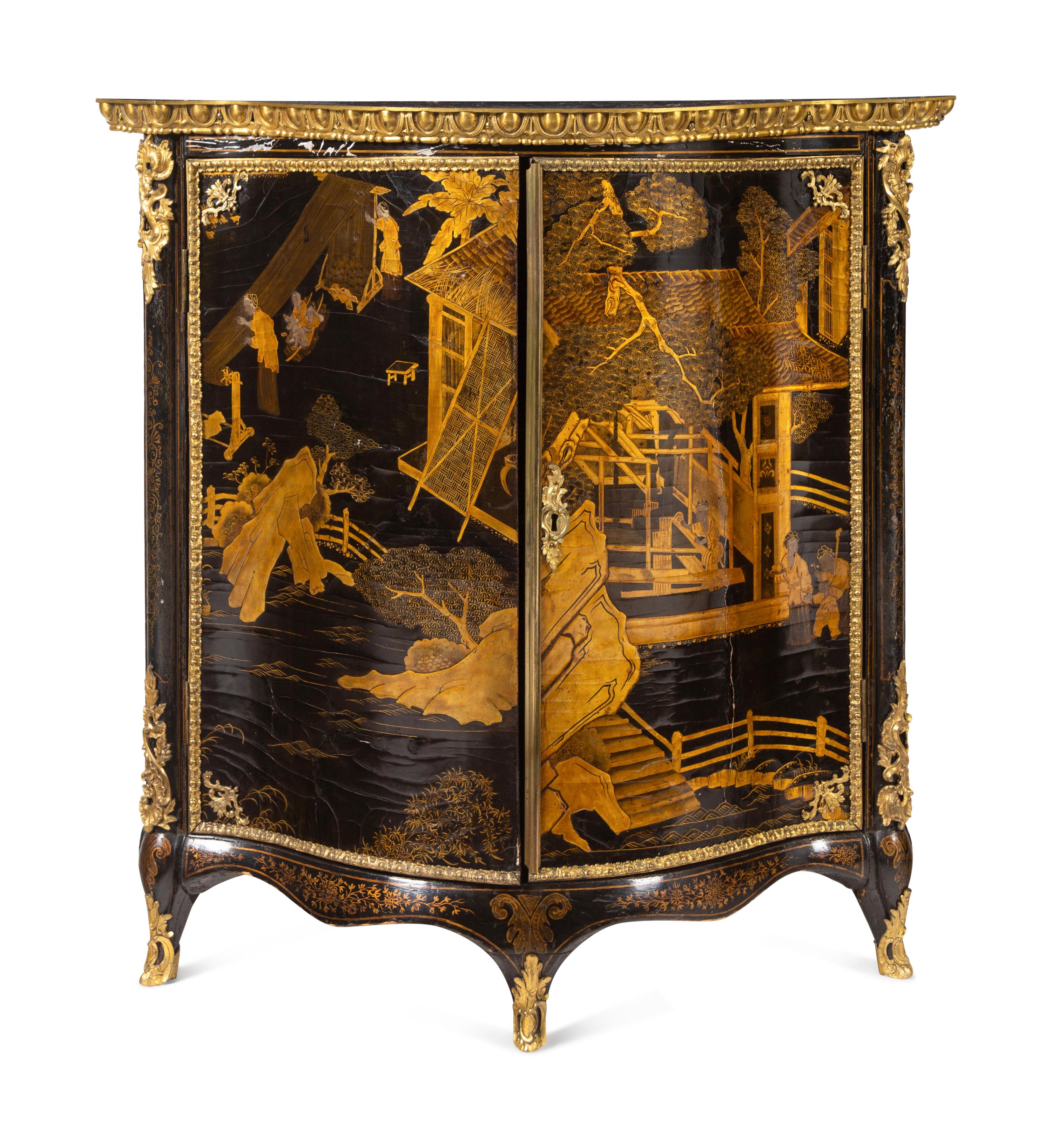 A Pair of George III Gilt Ormolu-Mounted Chinese Lacquer Corner Cabinets