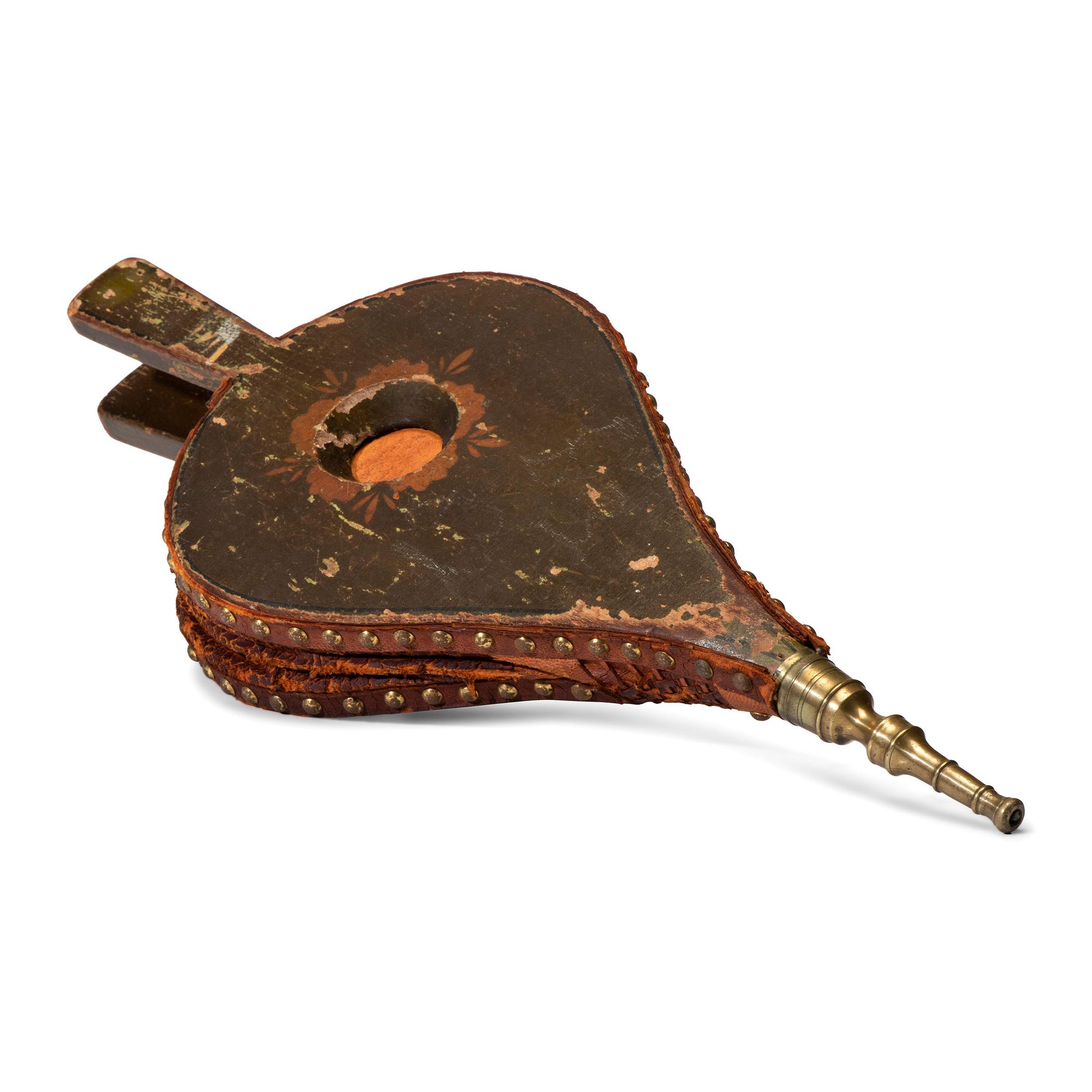A Stencil and Paint Decorated Leather and Wood Bellows