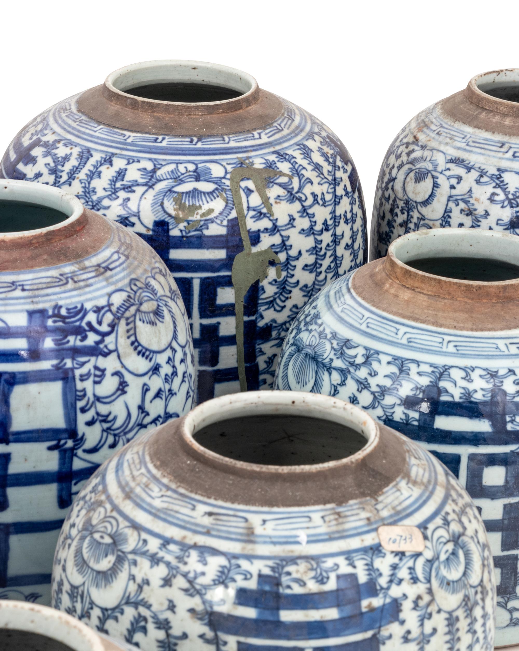 10 Chinese Blue and White Porcelain 'Double Happiness' Jars