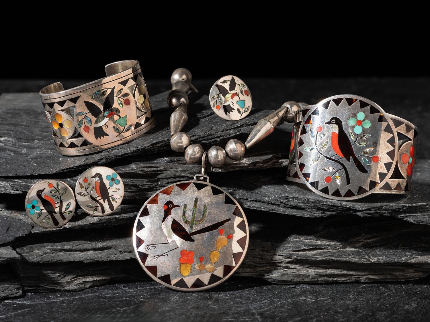 Flock of Mosaic Inlay Bird-Themed Jewelry