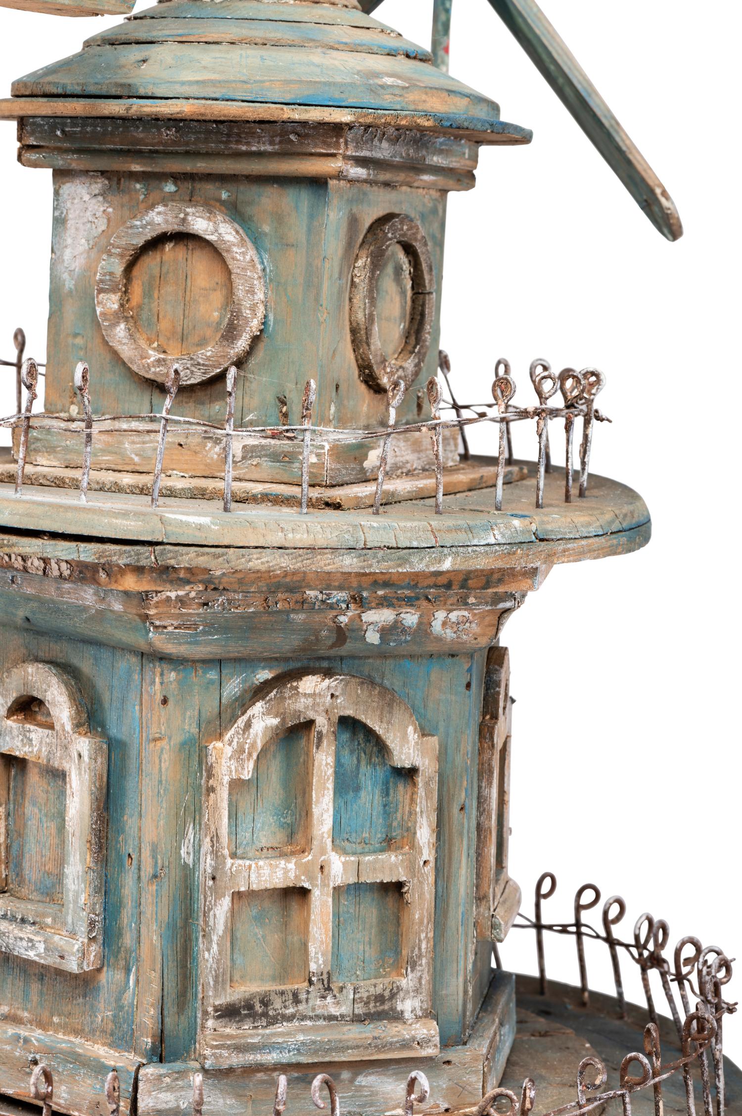 A Victorian Painted Wood and Wire Architectural Whirligig Directional Birdhouse