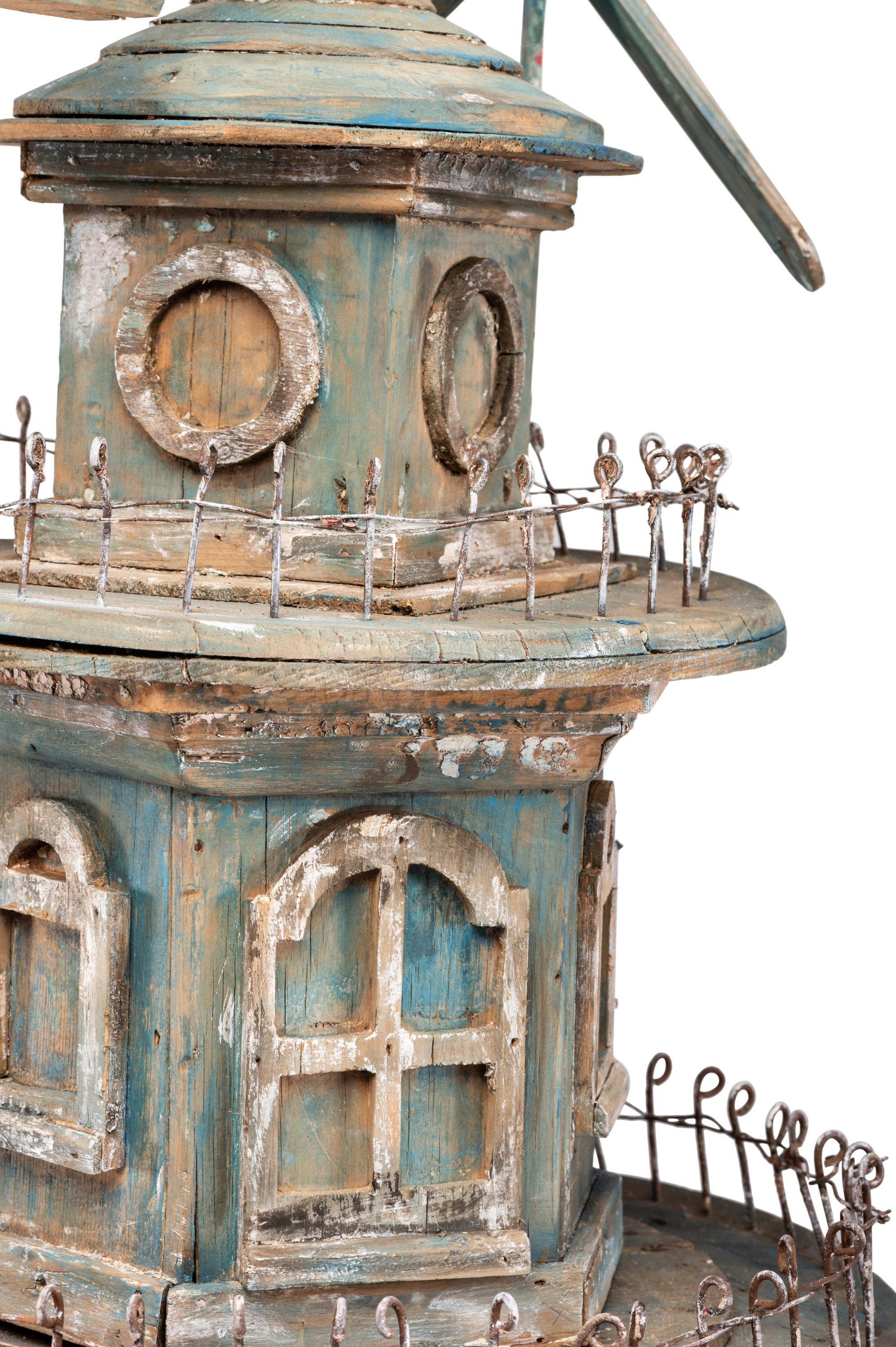 A Victorian Painted Wood and Wire Architectural Whirligig Directional Birdhouse