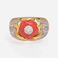 An 18K Gold, Coral, and Diamond Pendant and Ring