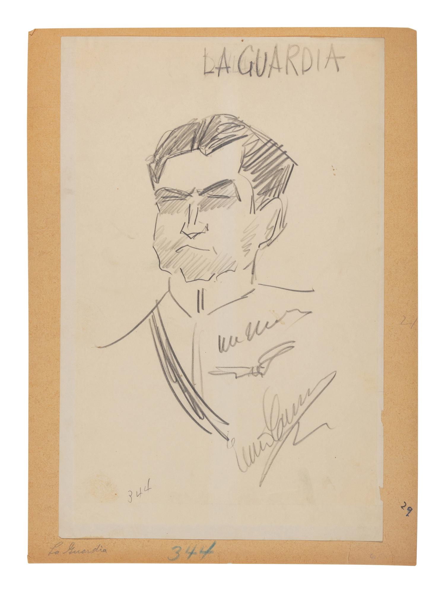 CARUSO, Enrico (1873-1921). Original drawing, bust caricature of Fiorello La Guardia, in pencil, signed and dated lower right ("Enrico Caruso").