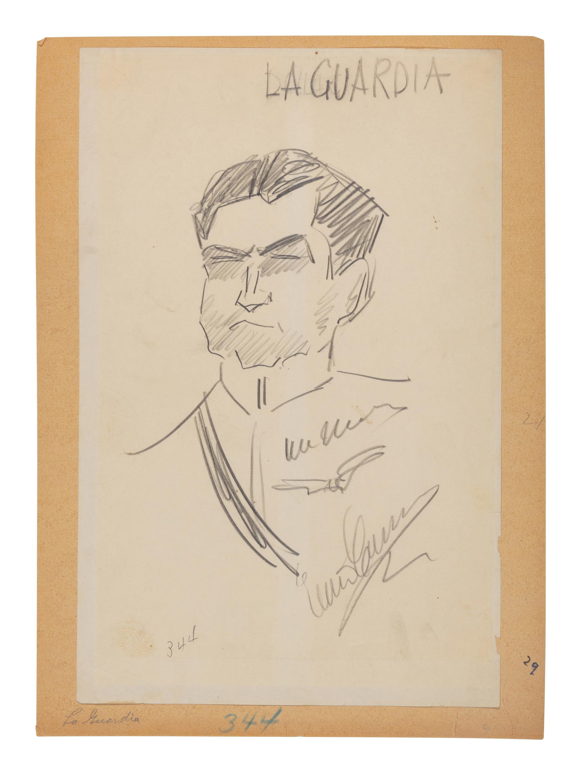 CARUSO, Enrico (1873-1921). Original drawing, bust caricature of Fiorello La Guardia, in pencil, signed and dated lower right ("Enrico Caruso").