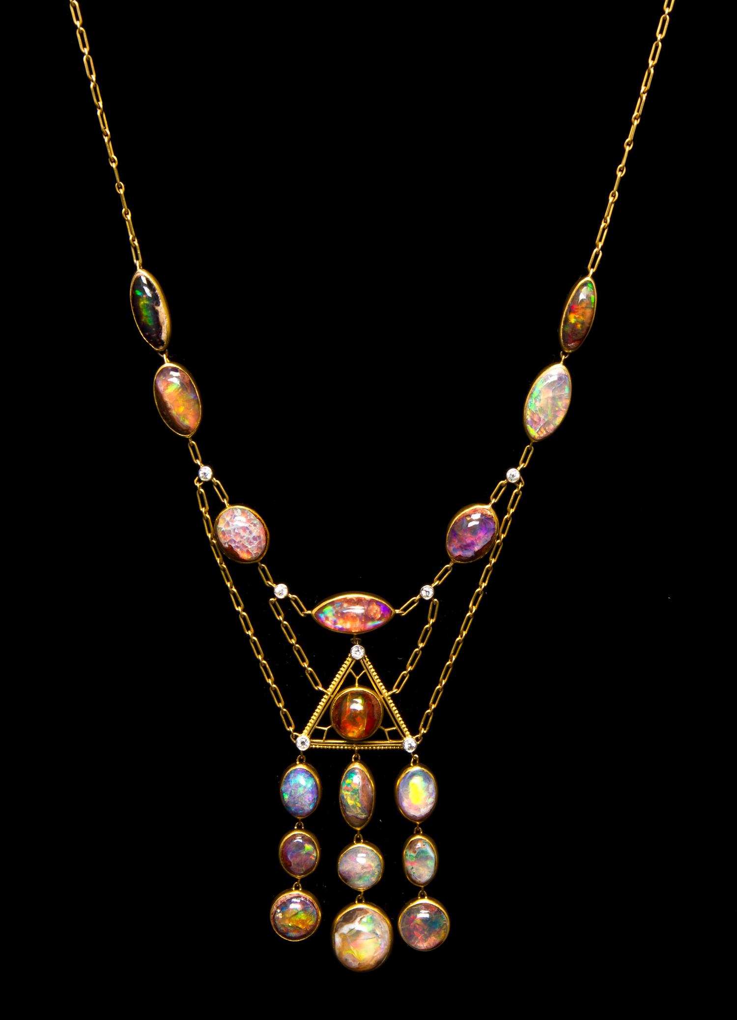 An Arts and Crafts Yellow Gold, Platinum, Opal and Diamond Necklace, Tiffany & Co., Circa 1910, 16.10 dwts.