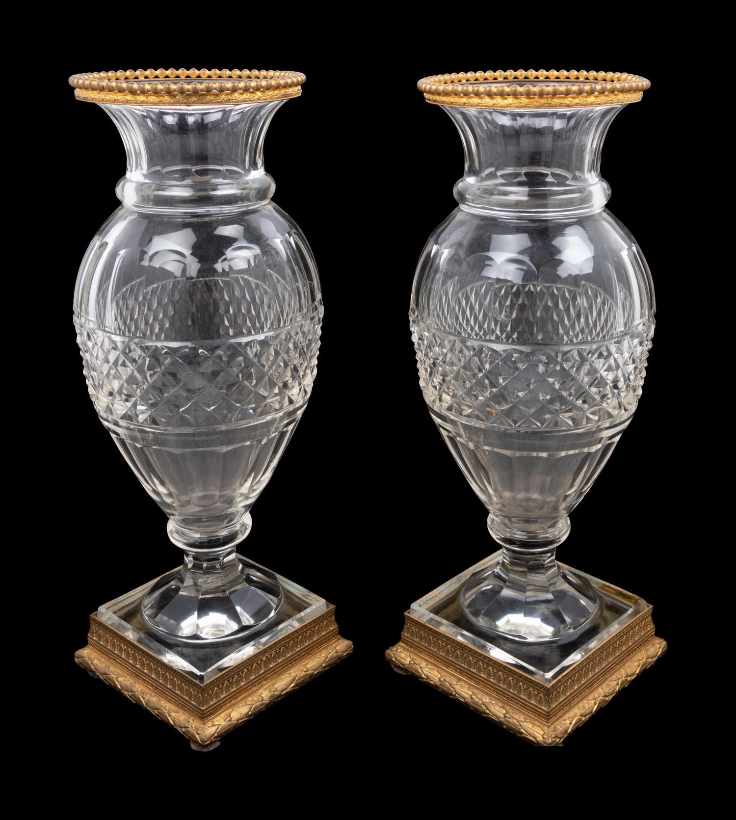 A Pair of French Gilt Bronze Mounted Cut Glass Vases