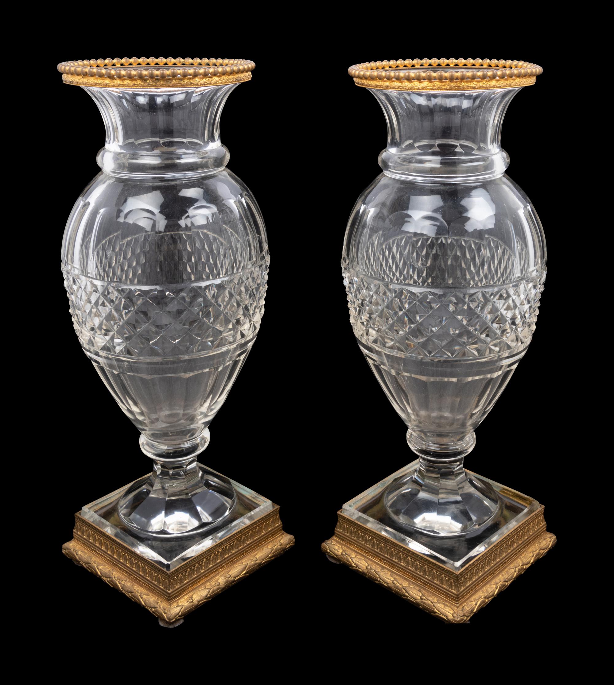 A Pair of French Gilt Bronze Mounted Cut Glass Vases